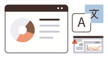 Pie chart and report on browser screens alongside a translation icon and alert mark. Ideal for data visualization, translation, analytics, reporting, communication, global projects, and software