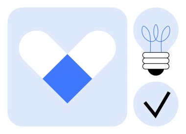 Heart shape symbolizing care, lightbulb for ideas, and checkmark for validation on soft blue theme. Ideal for healthcare, creativity, innovation, approval processes, problem-solving, teamwork