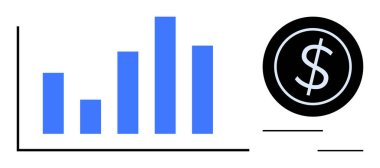 Blue bar chart representing statistical data and financial growth alongside a coin with a dollar sign. Ideal for finance, commerce, business, investments, economy, marketing, income, simple flat