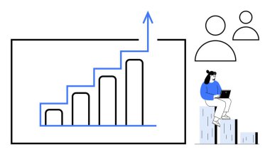 Bar chart with upward arrow, two user profiles, and person sitting on stacked blocks using a laptop. Ideal for business growth, analytics, teamwork, development, data analysis, career planning