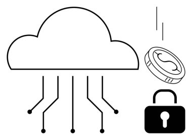 Cloud with network lines, padlock, and currency coin representing online security, finance, and data storage. Ideal for cybersecurity, blockchain, data protection, fintech cloud computing