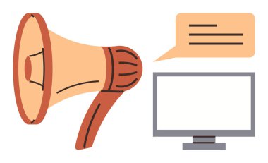 Megaphone projecting a message with text bubble near a computer monitor. Ideal for marketing, advertising, notifications, communication, announcements, social media, digital outreach. Simple flat