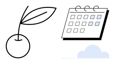 Simplistic representation of a cherry with two leaves and a spiral-bound calendar marking days against a faint cloud backdrop. Ideal for planning, nature, scheduling, freshness, wellness