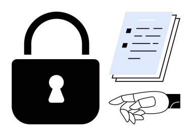 Large lock represents security, stack of documents conveys information, robotic hand symbolizes AI and technology. Ideal for cybersecurity, privacy, data protection, AI, tech innovation, secure