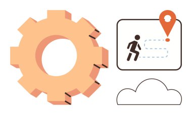 Gear wheel, person walking dotted path to location marker, and cloud. Ideal for technology, navigation, innovation, teamwork, planning productivity abstract concepts. Simple flat metaphor