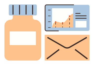 Medicine bottle, analytics chart with line graph and points, envelope. Ideal for healthcare, data analysis, communication, medication trends, medical research, email marketing report preparation