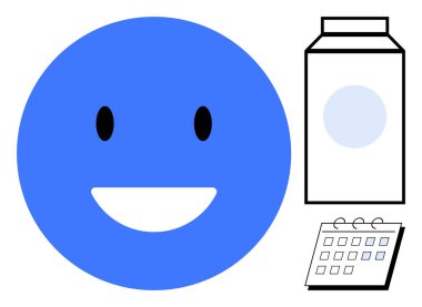 Bright blue happy face spreading positivity next to a milk carton and calendar. Ideal for health, wellness, planning, happiness, nutrition, schedules, productivity. Simple flat metaphor