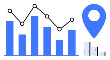 Bar graph and line chart analyzing trends, alongside location pin and buildings. Ideal for data visualization, business strategy, urban planning, analytics, market research, navigation, simple flat