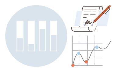 Bar chart, signature on a document, and trend graph connected by conceptual business growth and decision-making. Ideal for data analysis, strategy, reporting, contracts, insights, audits simple flat