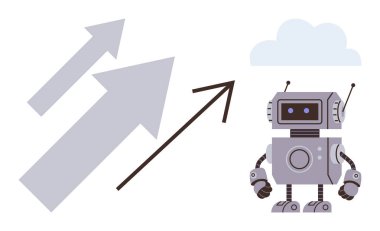 Robot stands near upward-pointing arrows and a cloud, symbolizing technological growth, innovation, AI, machine learning, progress, cloud technology, and future development. Ideal for tech AI