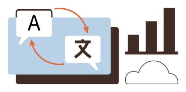 Two speech bubbles with arrows representing translation between languages, bar chart indicating metrics, and cloud icon. Ideal for technology, communication, linguistics, globalization, SaaS, AI