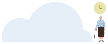 Elderly woman using cane beside oversized cloud and bright yellow sun, conveying aging, solitude, wisdom, nature, nostalgia, reflection, and health balance in a simple flat metaphor