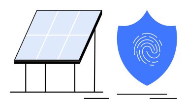 Solar panel alongside a blue shield with a fingerprint showcasing security in renewable energy. Ideal for technology, sustainability, energy efficiency, innovation, data protection, eco-friendly