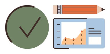 Green checkmark, analytics graph with growth trend, orange pencil. Ideal for success validation, analysis, strategy, progress, education, productivity simple flat metaphor