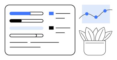 Progress bars on a dashboard, a rising line graph with dot markers, and a potted plant. Ideal for productivity, analytics, organization, business growth, workflow, performance tracking simple flat