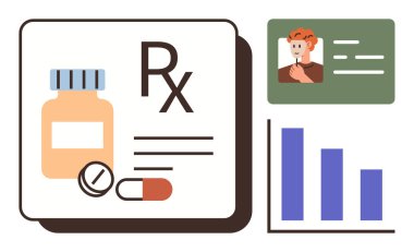 Medicine bottle, pills, Rx sign, patient ID, and bar graph for data analysis. Ideal for healthcare, medical records, pharmacy analytics patient care prescriptions data visualization. Simple flat