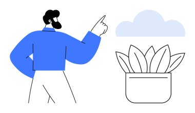 Man gesturing towards cloud above a plant pot with leaves representing connection, growth, sustainability, innovation, data, progress, and lighthearted design in a simple flat metaphor