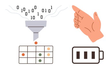 Flow of binary data into a funnel outputting a grid, hand gesture indicating progress, battery symbolizing energy management. Ideal for technology, data handling, energy saving, optimization