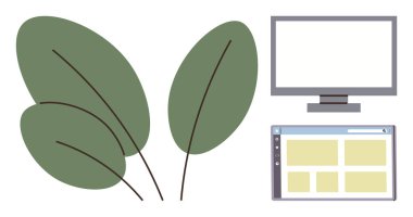 Digital monitor, website layout, and simple leaves representing sustainability and digital innovation. Ideal for ecology, technology, web design, development, eco-tech environment minimalism. A