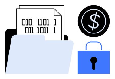 Binary-coded document in an open folder next to a blue lock and financial sign. Ideal for cybersecurity, data protection, digital finance, encryption, privacy, digital storage, simple flat metaphor clipart svg vector 