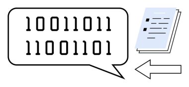 Speech bubble containing binary codes pointing to sheet stack representing data transformation or coding. Ideal for technology, coding, programming, data translation, digital communication