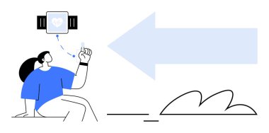 Woman using wearable device for health tracking with arrow and abstract elements. Ideal for wellness, technology, fitness, innovation, progress, healthcare, connectivity. A simple flat metaphor