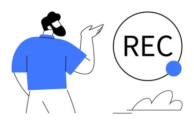 Person in casual attire gesturing beside a recording indicator with a connected sphere. Ideal for media, podcasting, content creation, streaming, communication, online learning, simple flat metaphor