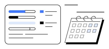 Task progress bars alongside a monthly calendar for scheduling, time management, and project planning. Ideal for productivity, organization, deadlines, schedules, workflow, data simple flat metaphor