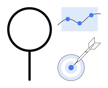 Magnifying glass for research, line graph with data points for progress tracking, and dartboard with arrow for goal setting. Ideal for analytics, business, accuracy, focus, strategy, success growth