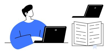 Person using a laptop at desk with an open book and another laptop screen. Ideal for online education, e-learning, research, remote work, productivity, technology, digital study. Simple flat metaphor