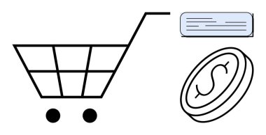 Shopping cart, dollar coin, and receipt representing online shopping, payment, e-commerce, budgeting, retail sales, money transactions. Ideal for finance digital store or simple flat metaphor