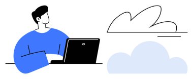 Individual working on laptop with cloud shapes nearby, reflecting online storage, remote work. Ideal for technology, innovation, productivity, education, communication, digital transformation simple