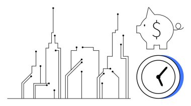Abstract city skyline with circuit lines, piggy bank with dollar sign, and clock. Ideal for technology, finance, urban development, time management, innovation economy future planning. Simple flat