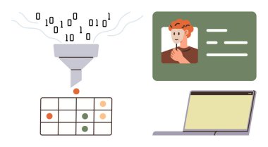Binary data streaming into a funnel transforming into a table, user profile on a screen, and a laptop. Ideal for data analysis, technology, communication, workflow, machine learning, AI