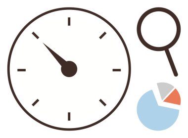 Clock with black hands, magnifying glass, and pie chart with three segments. Ideal for productivity, analysis, efficiency, time management, data visualization research evaluation. A simple flat