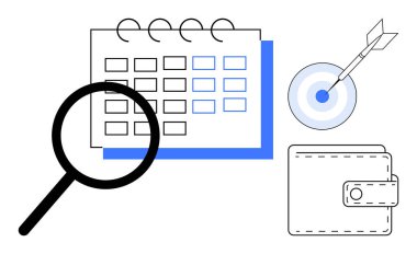 Calendar with magnifier, target with arrow, and wallet emphasizing planning, analysis, goal management, finance, budgeting, productivity time management. Ideal for organization focus efficiency