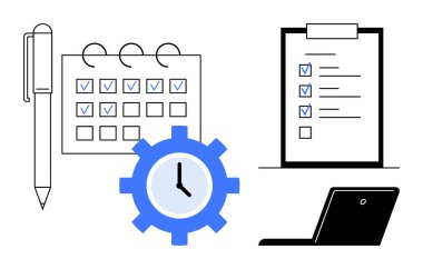 Pen and calendar with checkmarks, checklist with clipboard, clock gear, and laptop represent planning, organization, and productivity. Ideal for scheduling, time management, workflow optimization