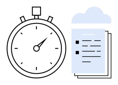 Stopwatch indicating time alongside stacked documents within a cloud icon. Ideal for productivity, planning, efficiency, workflow, digital storage, file sharing, simple flat metaphor