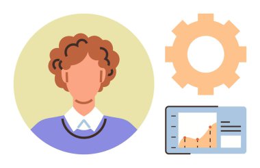 Person avatar in casual attire beside a gear icon and line graph on a screen. Ideal for teamwork, analytics, project management, workflow, productivity, innovation, and career growth. Simple flat