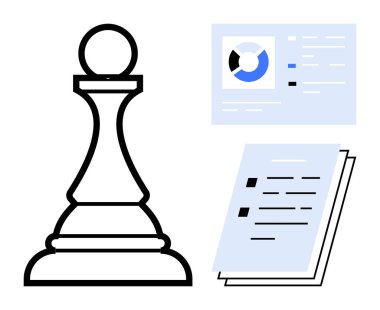 Chess pawn symbolizes strategy and planning beside data charts and documents representing analytics, progress, and preparation. Ideal for teamwork, decision-making, strategy, analytics, leadership