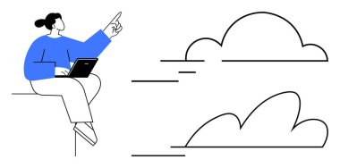 Woman sitting with a laptop, pointing toward moving clouds, symbolizing creativity, innovation, vision, progress, remote work, brainstorming and digital connectivity. A simple flat metaphor