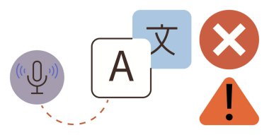 Microphone icon, text blocks, warning triangle, error symbol forming a concept of language translation, communication tools, error alerts, voice recognition, multilingual support. Ideal