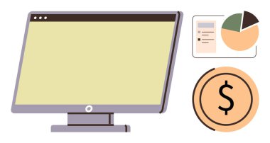 Computer monitor with analysis tools, pie chart, and dollar coin emphasizing financial management. Ideal for finance, data analysis, economy, online business, budgeting, technology simple flat
