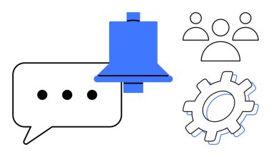 Blue notification bell, speech bubble, team icons, and gear representing alerts, communication, collaboration, teamwork, user interaction system settings and productivity. Ideal for app development