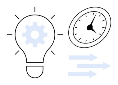 Light bulb with gear symbolizing ideas and innovation, clock showing time awareness, arrows for progress. Ideal for creativity, time management, efficiency, workflow, innovation, planning