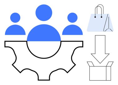Blue human figures above gear symbolizing collaboration, shopping bag, downward arrow, and box representing e-commerce, delivery, and logistics. Ideal for teamwork, e-commerce, logistics process