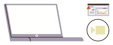 Open laptop with blank screen, browser page showing warning alert and trend, video play symbol. Ideal for remote work, tech issues, video tutorials, cybersecurity, data analysis, online learning