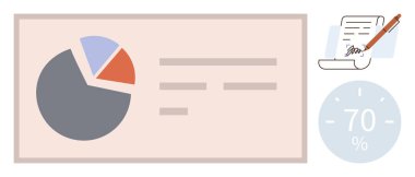 Pie chart with segments, document with pen symbolizing report writing, and a 70 progress gauge. Ideal for analytics, data visualization, performance tracking, report generation, business metrics