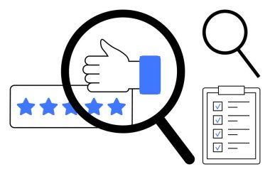 Magnifying glass highlighting a thumbs-up, next to a five-star rating and a checklist. Ideal for quality control, customer review, feedback, evaluation, performance, monitoring, simple flat metaphor