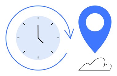 Circular clock with arrow, blue geolocation pin, and cloud. Ideal for time management, navigation, cloud computing, scheduling, logistics data storage global accessibility. Simple flat metaphor